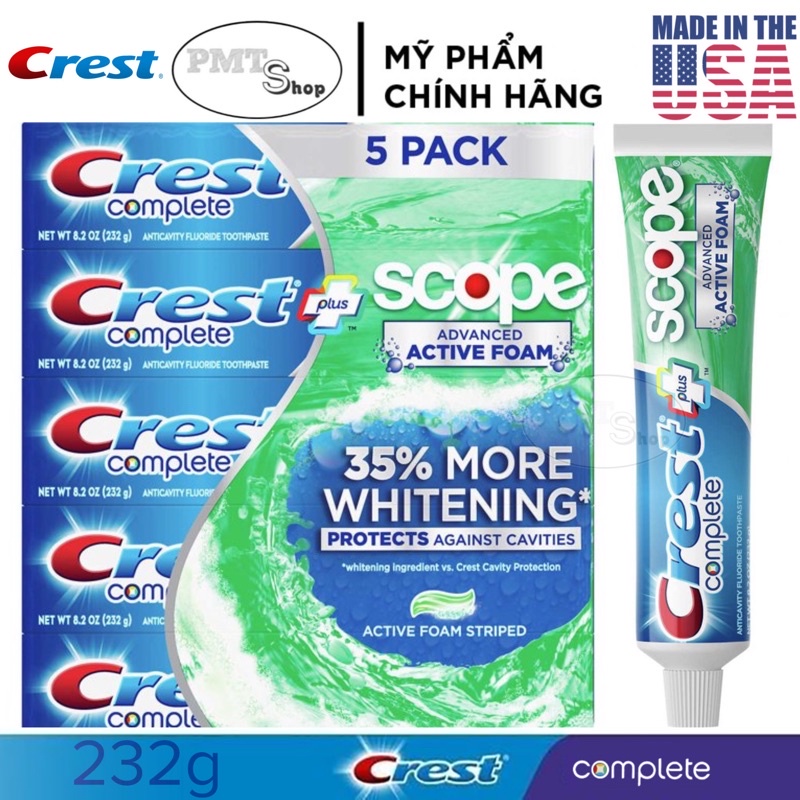 Kem Đánh Răng Crest Complete Whitening Plus Scope Advanced Active Foam 232g - Mỹ