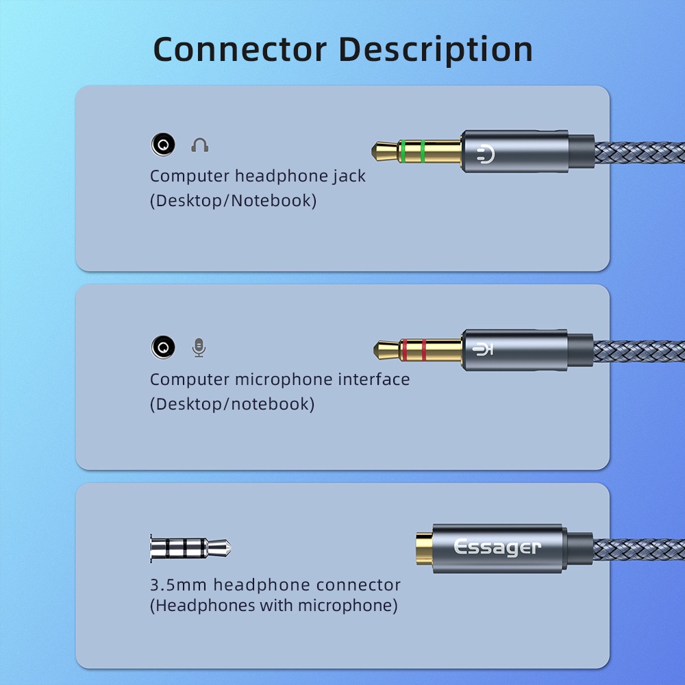 Dây cáp Essager chuyển đổi âm thanh từ ổ cắm sang hai giắc cắm aux 3.5mm cho tai nghe mic y loa máy tính