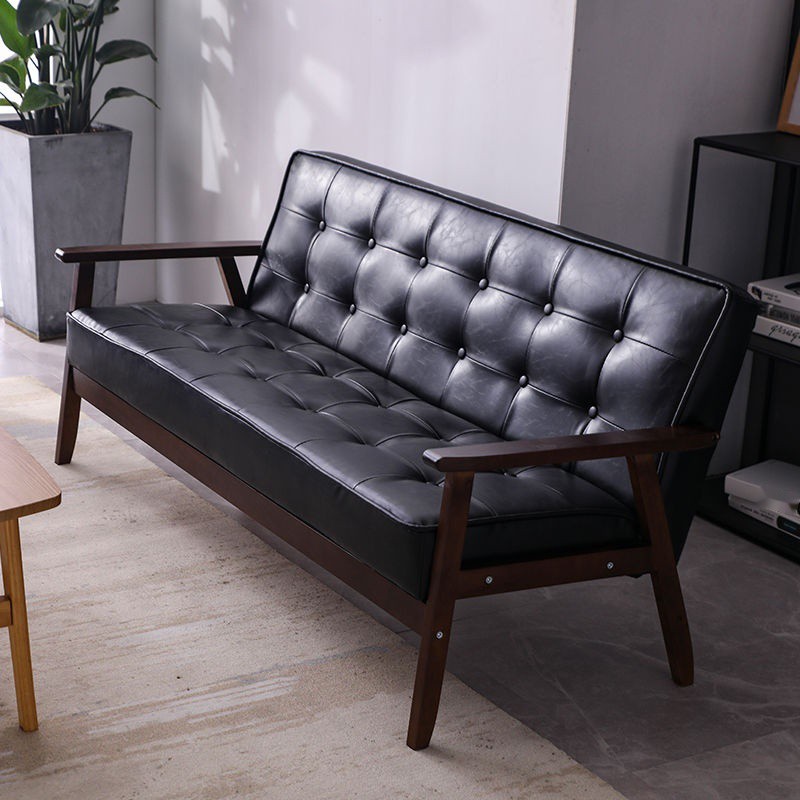 Gỗ rắn đơn giản Bắc Âu hiện đại tối quán cà phê ba người ghế sofa da nghệ thuật phòng khách hai chỗ ngồi căn hộ nhỏ