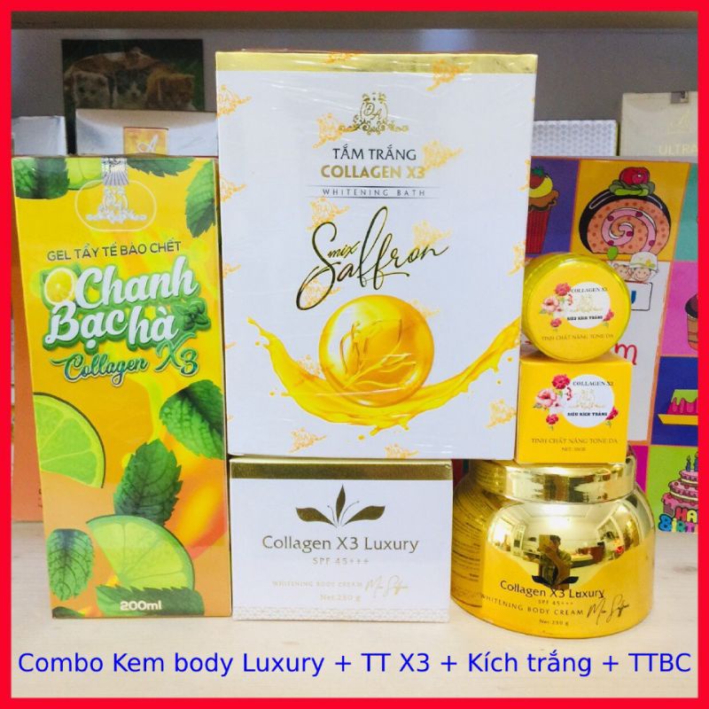 Combo Body Luxury Collagen X3 Đông Anh + K.Trắng + T.Trắng + TTBC Chanh bạc hà