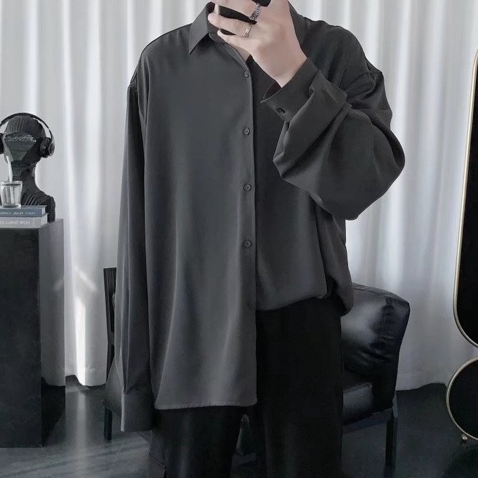 Áo Sơ Mi Trơn Tay Dài Dáng Rộng Màu Sắc Đơn Giản Thời Trang Xuân Hè Phong Cách Hàn Quốc Cho Nam Giới