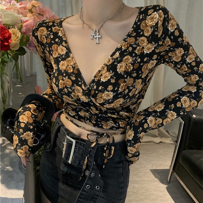 Áo Nữ Tay Dài Cổ Chữ v In Hoa Thời Trang