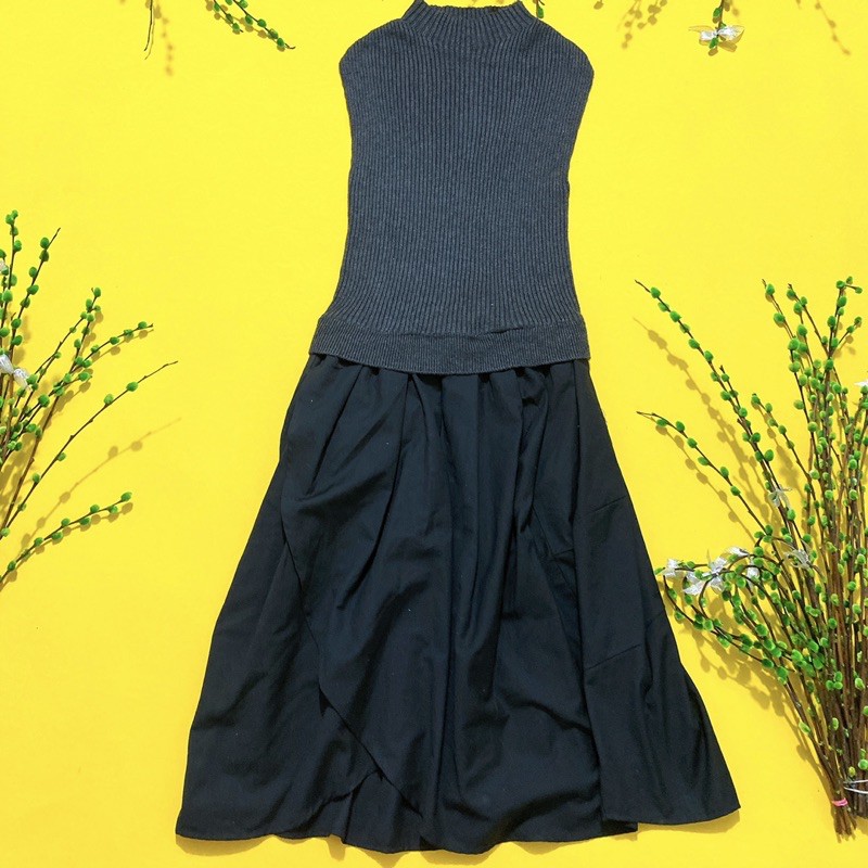 Đầm len xám ghi kết hợp chân váy đen cá tính size L