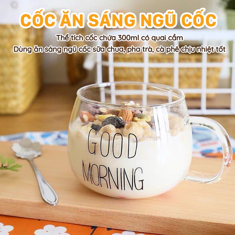 Cốc ăn sáng ngũ cốc thủy tinh chịu nhiệt có quai cầm Good Moring - Uống sữa, ăn sáng ngũ cốc, uống trà,...