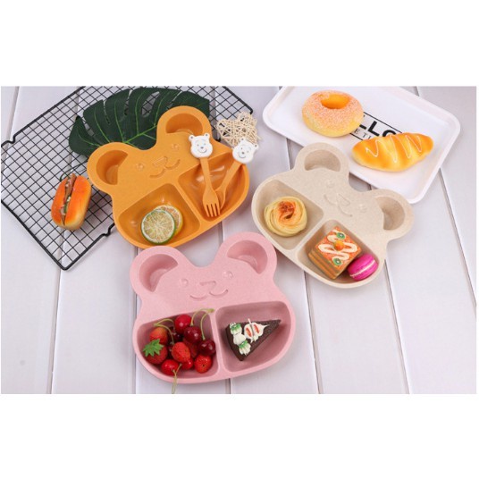 Khay ăn dặm lúa mạch hình gấu kèm thìa nĩa và hộp - BoBa store