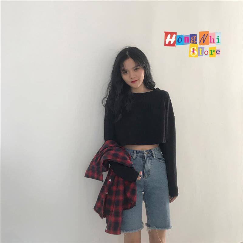 Áo Croptop Trơn Tay Dài Dáng Rộng Màu Đen Long Tee Ulzzang - MM