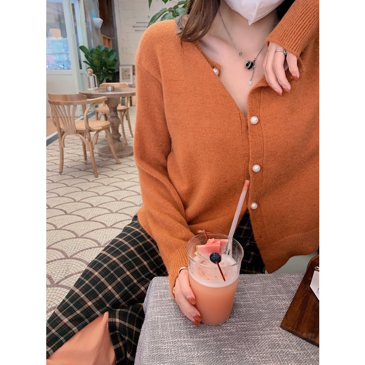 HÀNG SẴN_Áo Khoác Cardigan Cashmere Retro Đính Cúc Thu Đông 2021