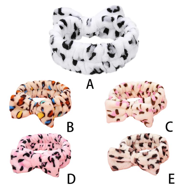 Băng đô vải bông dày bản rộng co giãn in họa tiết da báo phối nơ màu tương phản dễ thương cho nữ