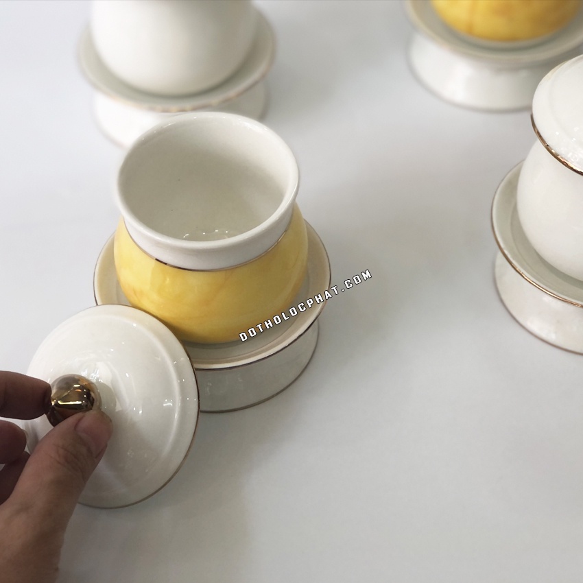 Hũ Muối Gạo  Nước Thờ Cúng Có Nắp 12cm Sứ Trắng Vàng Cao Cấp
