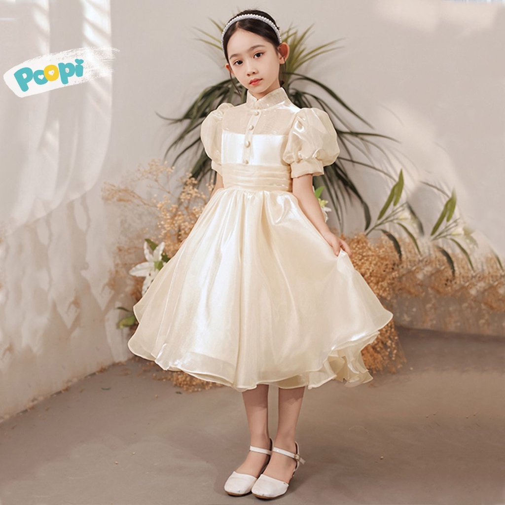 Đầm Công Chúa Cho Bé Poopi Dáng Xòe Màu Be Sữa Đính Nơ Lưng, Váy Cho Bé Gái Dự Tiệc Xinh Đẹp
