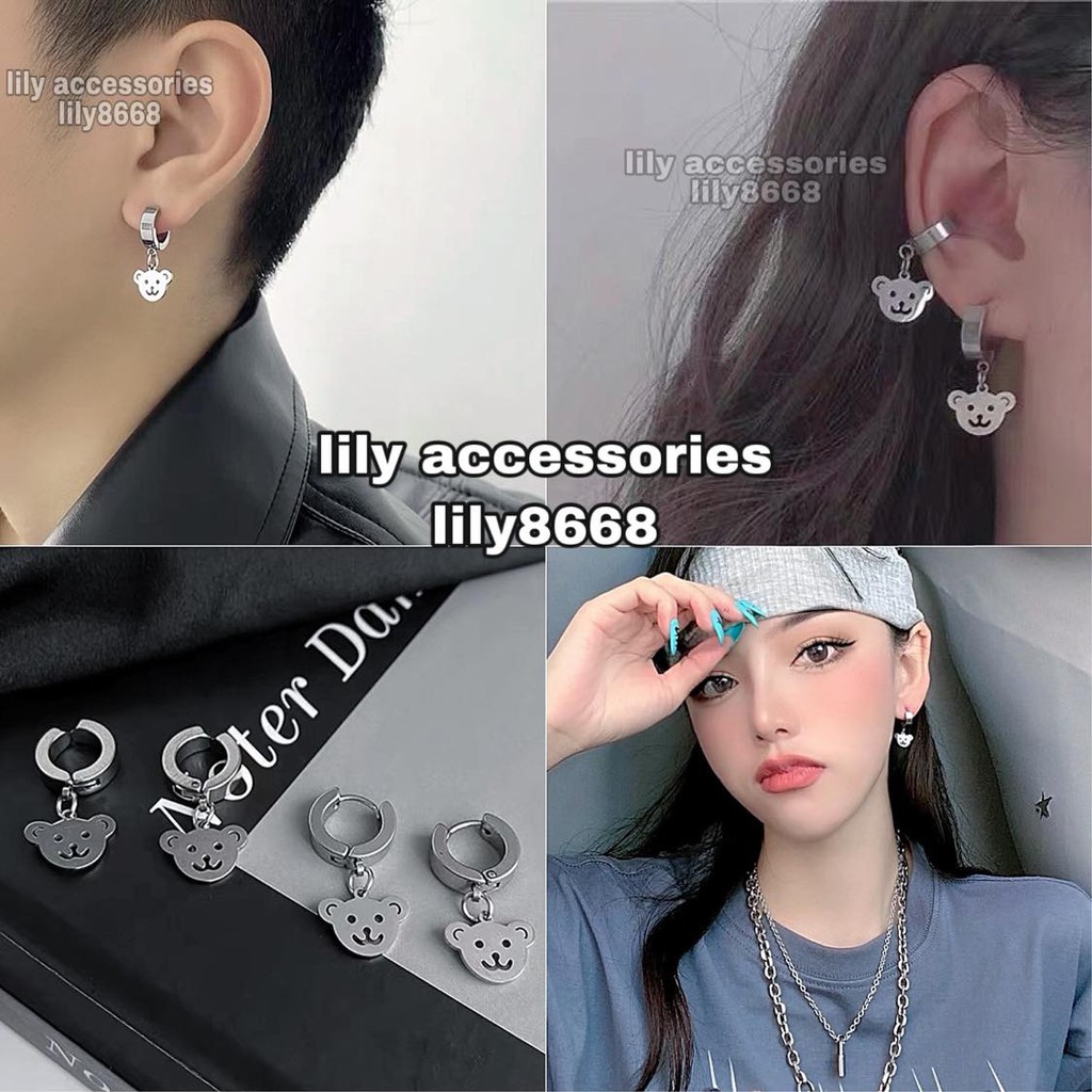 khuyên tai titan phối mặt gấu không gỉ không đen không dị ứng khuyên vành tai nam nữ