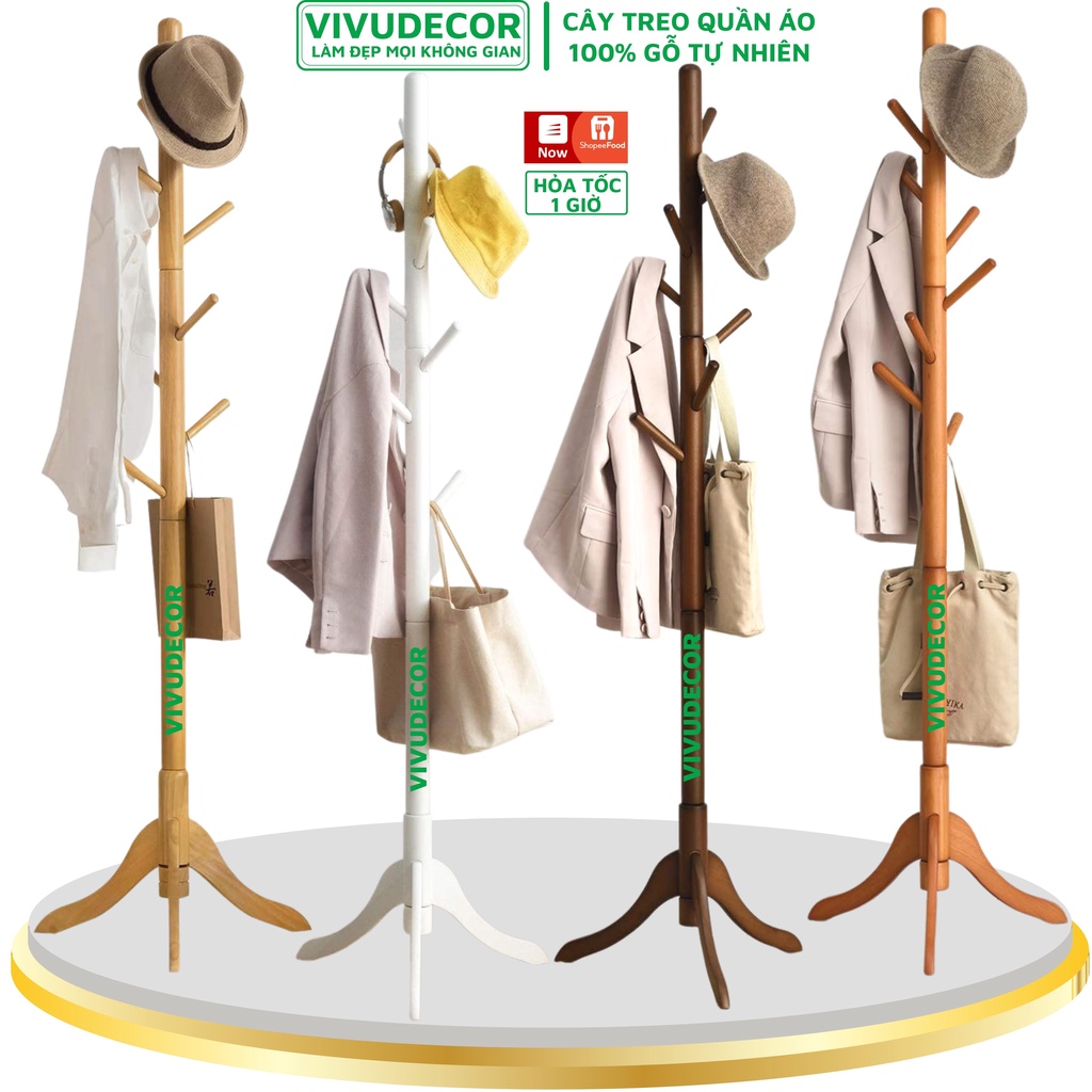 Cây treo quần áo VIVUDECOR CT08 100% gỗ tự nhiên 8 nhánh