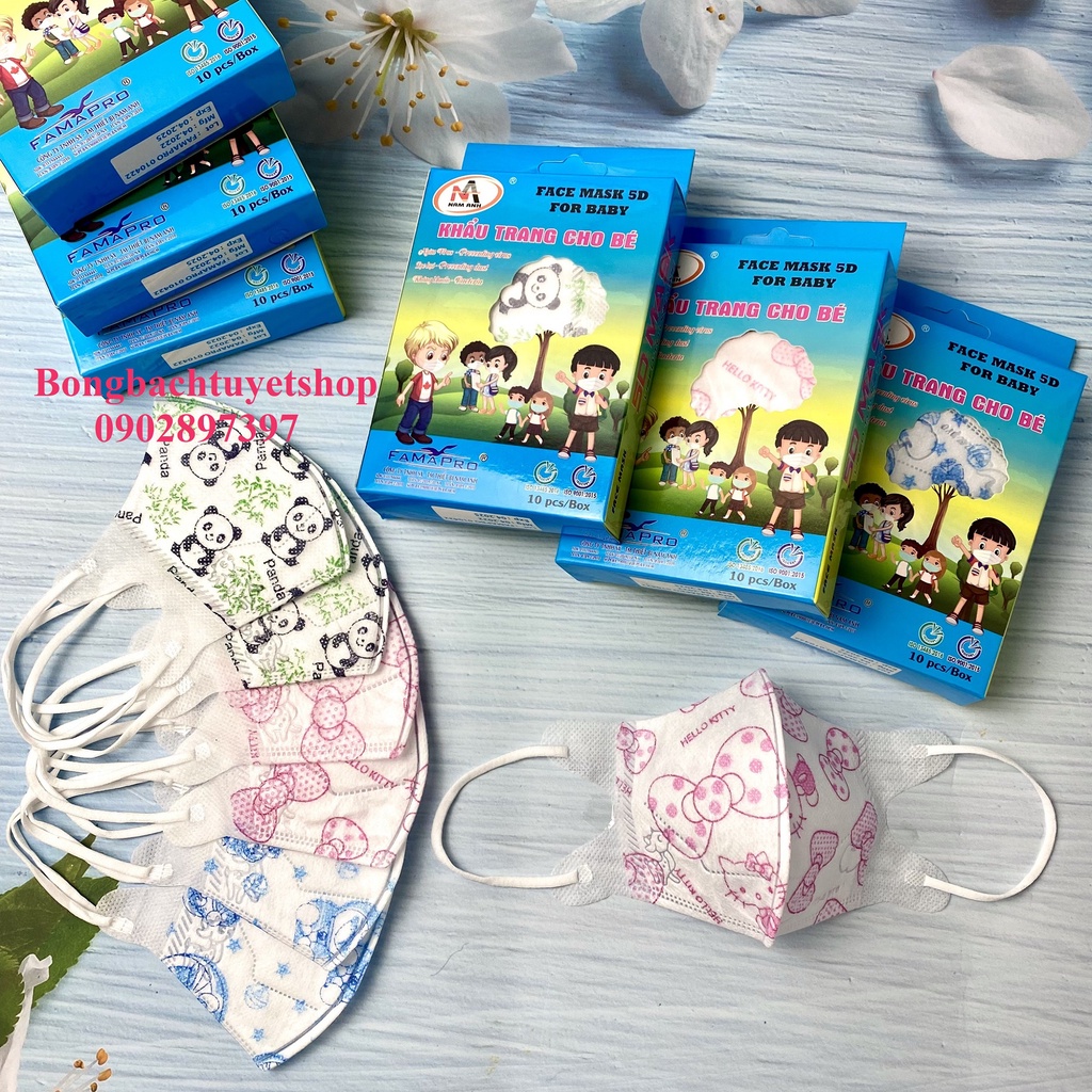 Khẩu trang IN HÌNH DỄ THƯƠNG cho bé FAMAPRO 5D KIDS hộp 10 cái kháng khuẩn Đoremon/ Kitty/ Gấu Trúc/ Kì Lân/ Vịt Donald