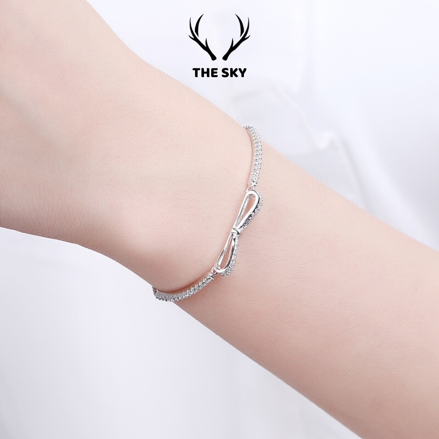 Vòng Tay Bạc Nữ THE SKY VT1028 Nơ Đá Dây Rút Tùy Chỉnh Theo Tay