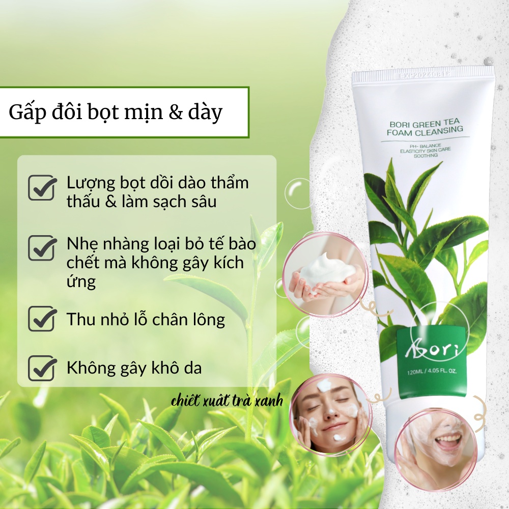Sữa Rửa Mặt Chiết Xuất Trà Xanh Kiểm Soát Bã Nhờn, Ngừa Mụn - Bori Green Tea Foam Cleansing 120ml