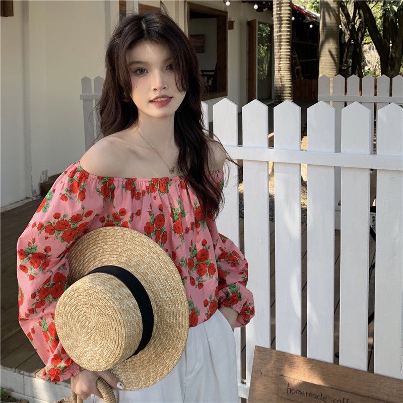 Áo Sơ Mi Nữ Trễ Vai Dáng Rộng In Hình Hoa Hồng Ngọt Ngào