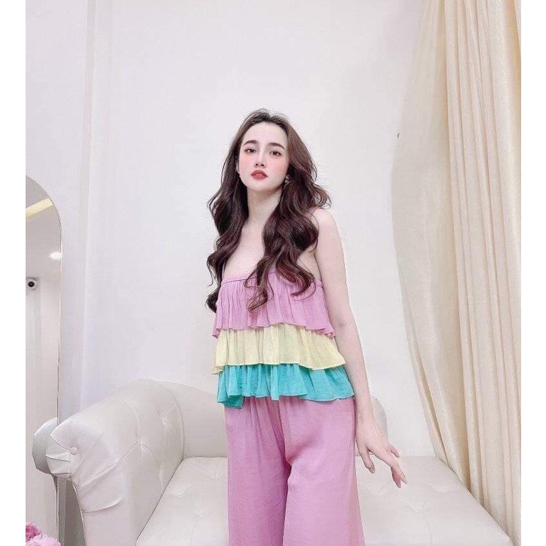 [FREESHIP 50K] Đồ Bộ Lụa Mặc Nhà NHISTORE Quần Lửng Rút Dây Áo 3 Tầng Bèo Freesize Dưới 57kg