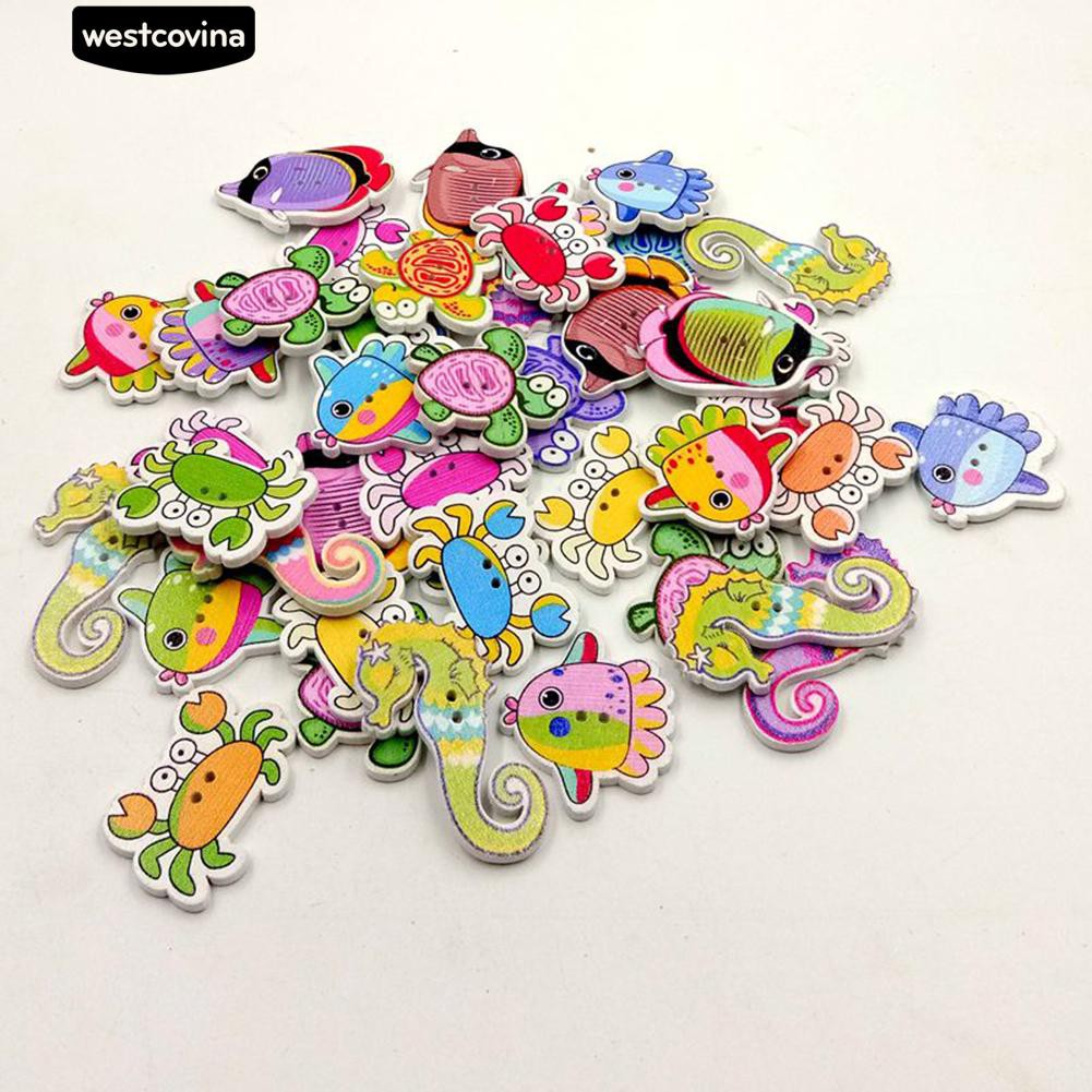 Set 50 Nút Gỗ 2 Lỗ Hình Cua / Rùa / Cá Ngựa Hoạt Hình Dễ Thương