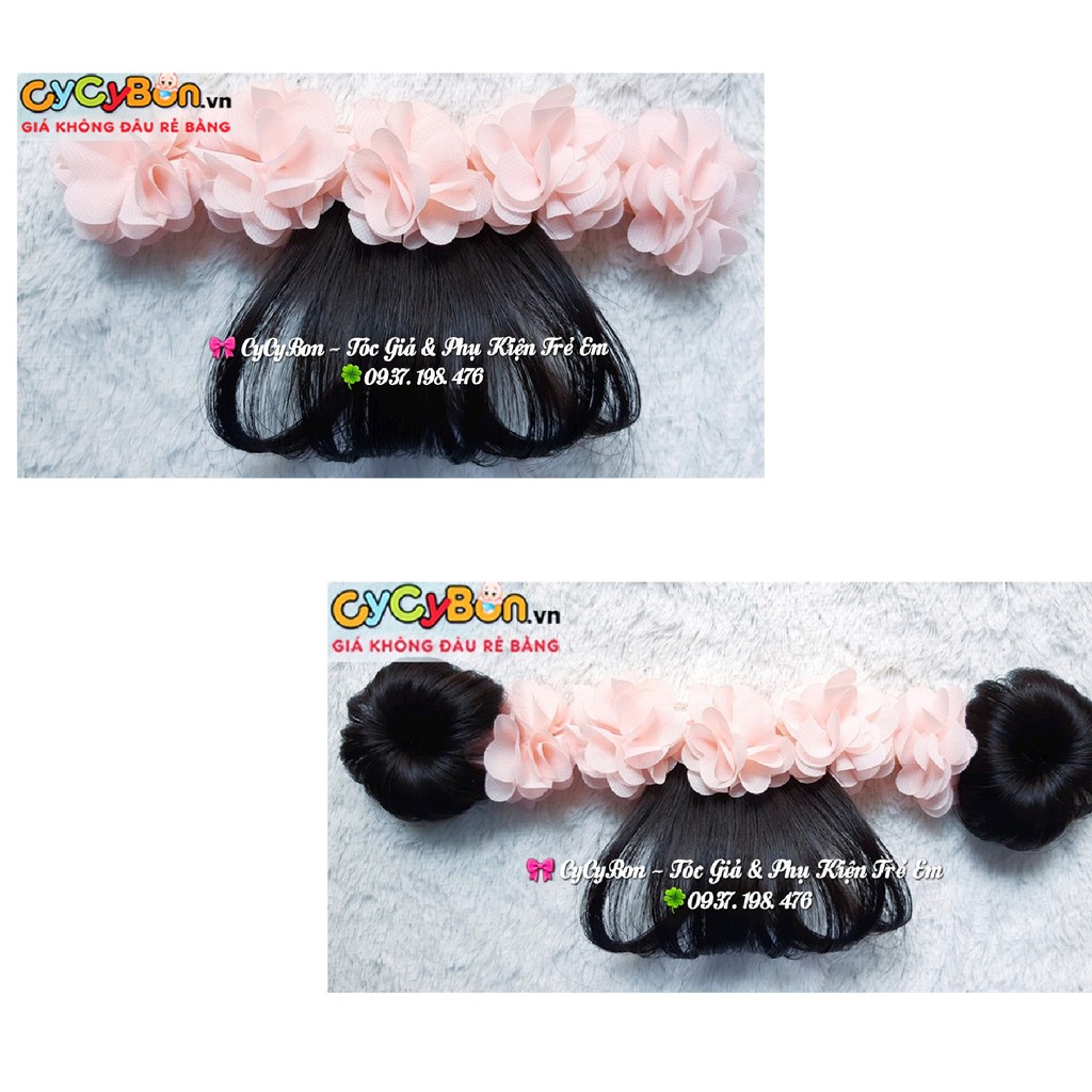 Băng Đô Turban Tóc Giả Cho Bé Gái 5 Bông Cam Kèm Tóc Giả Mái và Tóc Búi Hai Bên Có Màu Đen &amp; Nâu Đen
