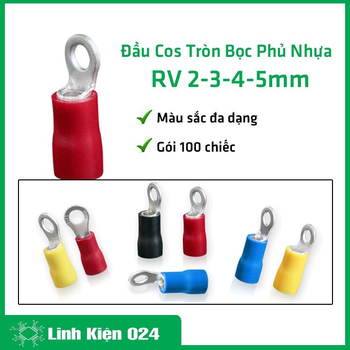 Đầu cos tròn đỏ vàng xanh dương bọc phủ nhựa mẫu RV2-3, RV2-4, RV2-5 gói cốt 100 chiếc