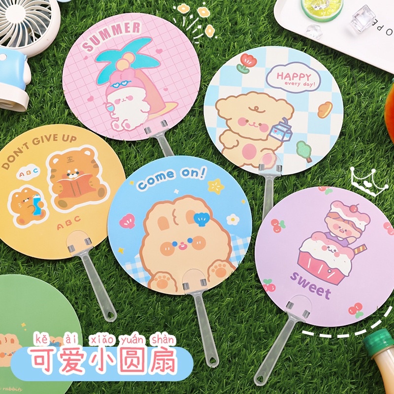 Quạt cầm tay tròn hoạ tiết thỏ gấu dễ thương