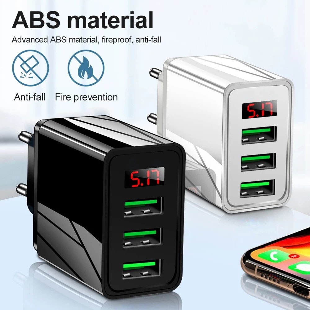 Cốc sạc 3 cổng màn hình thông minh Tiêu chuẩn Châu Âu sạc nhanh thích ứng các dòng Apple, Samsung, Oppo, Xiaomi, Huawei.