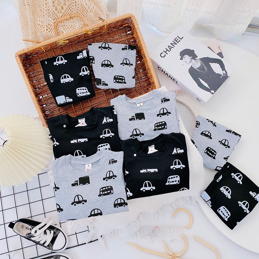 Bộ Quần Áo Dài Tay Thu Đông In Hình Xe Ô Tô Đen Ghi Vải Cotton Cho Bé Từ  8 - 21kg Mã DT 35