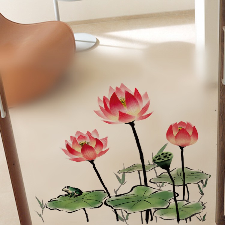 Decal trang trí dán kính cao cấp búp sen hồng