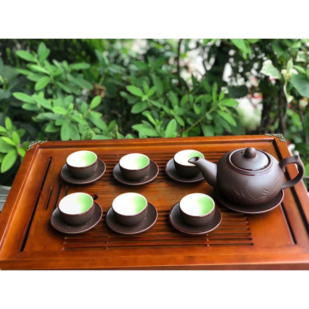 Bộ ấm chén tử sa, ấm chén gốm sứ Bát Tràng bộ chóp đẹp (1 ấm, 6 chén, 7 đĩa)