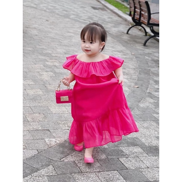 Váy chun trễ vai basic bé gái
