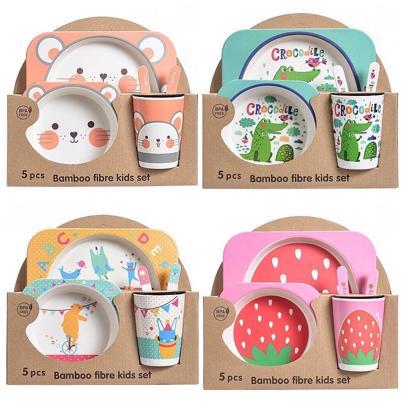 Bộ khay ăn dặm sợi tre hình ngộ nghĩnh cho bé trai/bé gái  5 món gồm thìa, dĩa, khay, bát, cốc an toàn cho trẻ