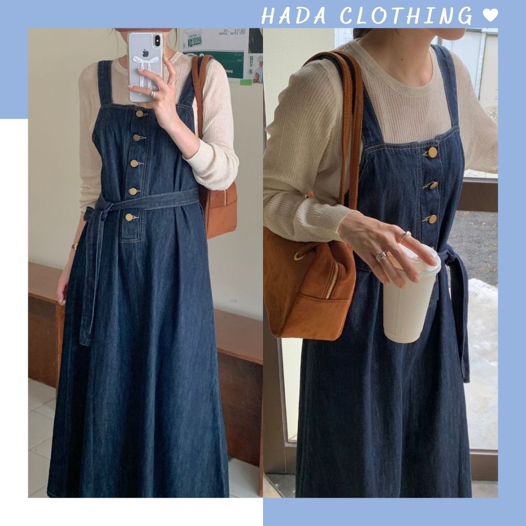Yếm váy jean dài dáng suông Hada, có dai thắt eo phong cách ulzzang trẻ trung - V08