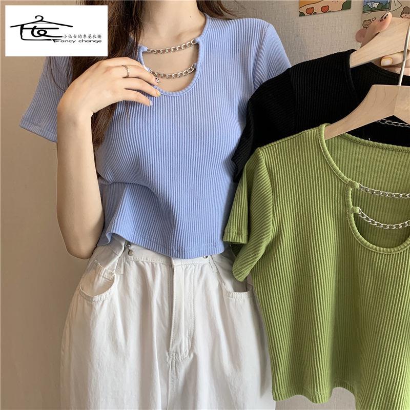Đặc Biệt Offer ~ Áo Thun Ngắn Tay Phối Dây Xích Dáng Ôm Thời Trang Mùa Hè Dễ Phối Đồ