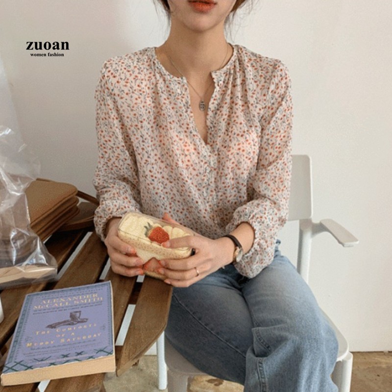 SUXI Áo Sơ Mi Nữ Tay Dài Họa Tiết Hoa Kiểu Hàn Quốc