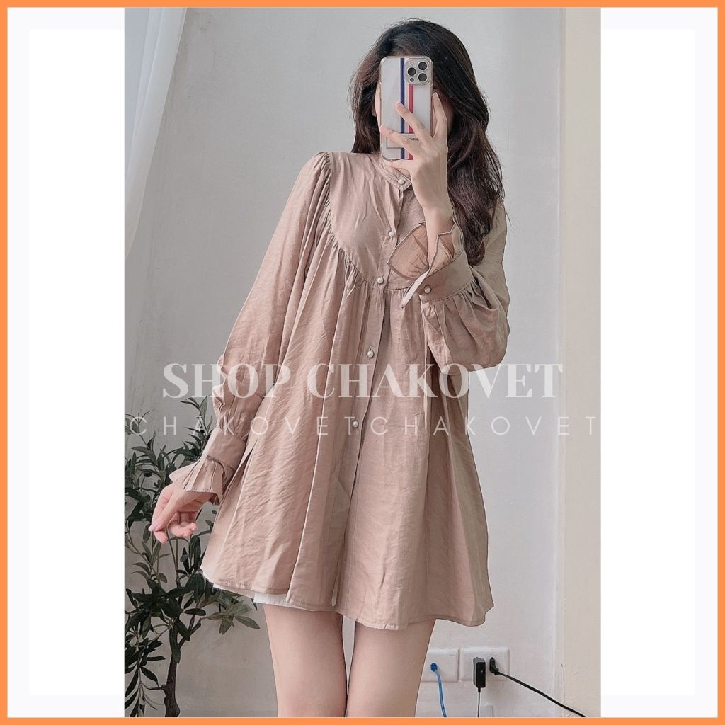 Áo sơ mi nữ dài tay oversize A8206 Thiết kế kiểu cổ tròn tay phồng dáng babydoll