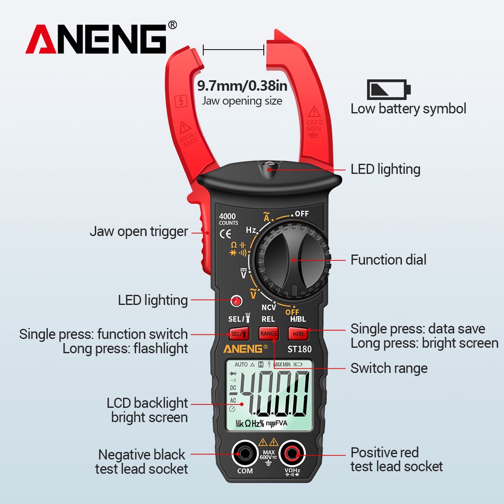Ampe kế kẹp,Vạn Năng Kế Kỹ Thuật Số St180 4000 Counts Máy Kiểm Tra Điện Áp Điện Trở,Đồng Hồ Kẹp Dòng Điện Kỹ Thuật Số