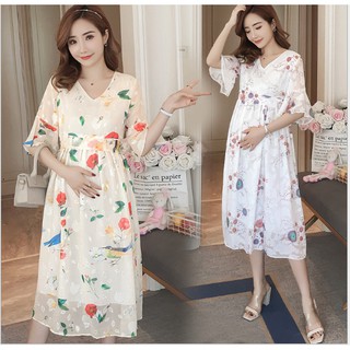 ĐẦM BẦU VÁY BẦU CÔNG SỞ VOAN LỤA HOA HỒNG ( sau sanh  có dây kéo cho bé bú )