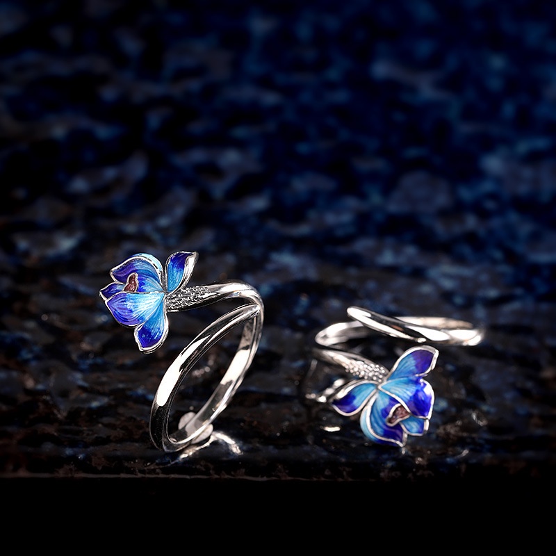 Nhẫn Hở Hình Hoa Sen Xanh Dương Bằng Bạc Trơn Cổ Điển Đơn Giản Phong Cách Mới Cho Nữ