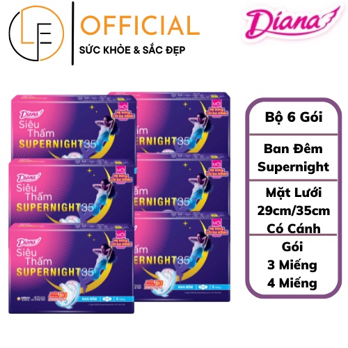 [Bộ 6 Gói] Băng vệ sinh siêu thấm Diana Super Night ban đêm 29cm/35cm