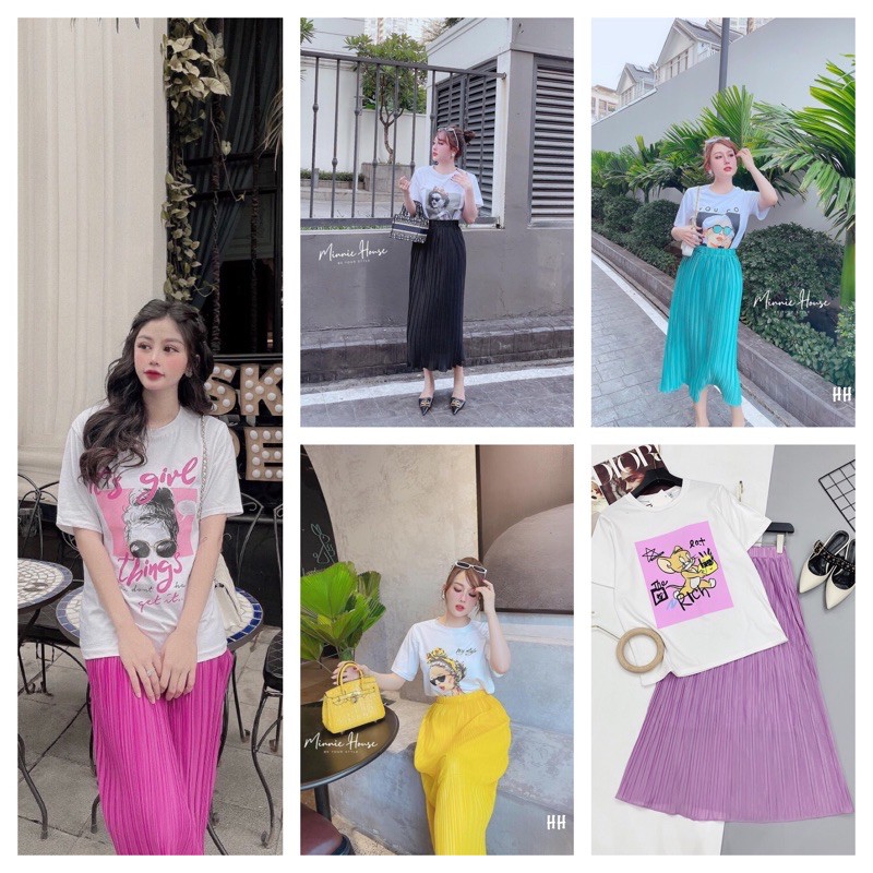Set áo phông pull + chân váy dậy li 5M