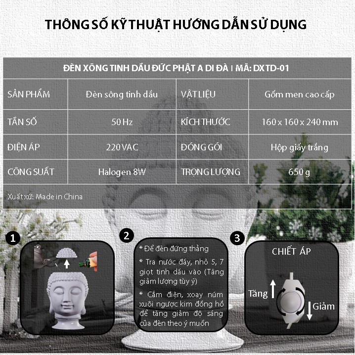 Đèn xông tinh dầu để bàn, sứ trắng, ĐỨC PHẬT A DI ĐÀ I MÃ: DXTD-01