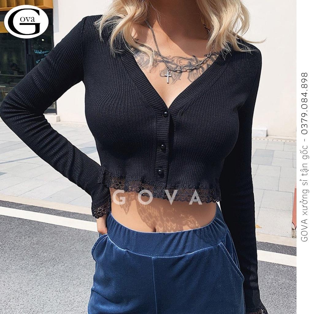 Áo Croptop tay dài phối ren Hot Trend Áo kiểu nữ ôm chất thun Cao Cấp gân mềm mát