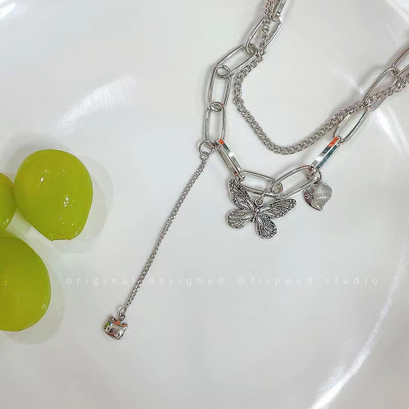 Vòng cổ IF YOU mạ bạc mặt hình trái tim/bướm phong cách Hàn Quốc