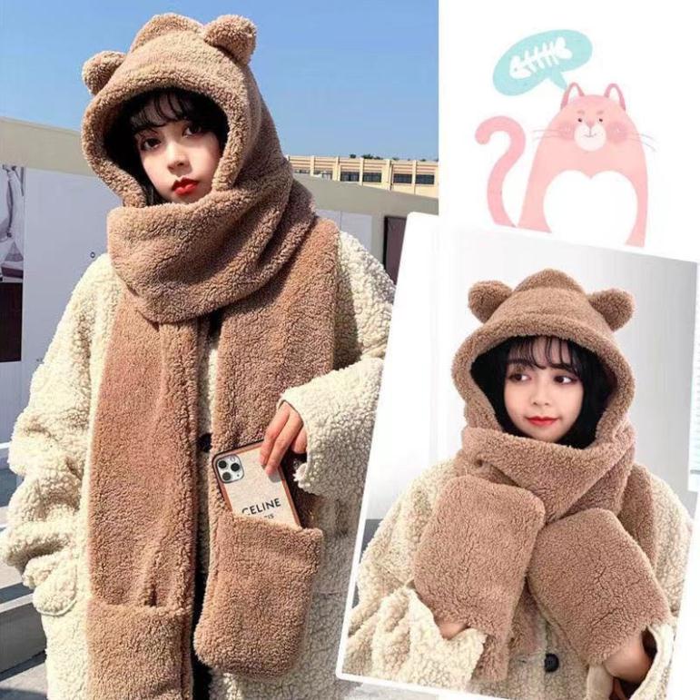 Mũ lông tai gấu kèm khăn quàng cổ bao tay 3 trong 1 ấm áp