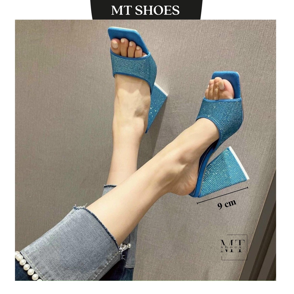 Guốc gót tam giác đính đá  bản ngang cao 9 phân chất da lộn nhiều màu siêu Hot cực sang