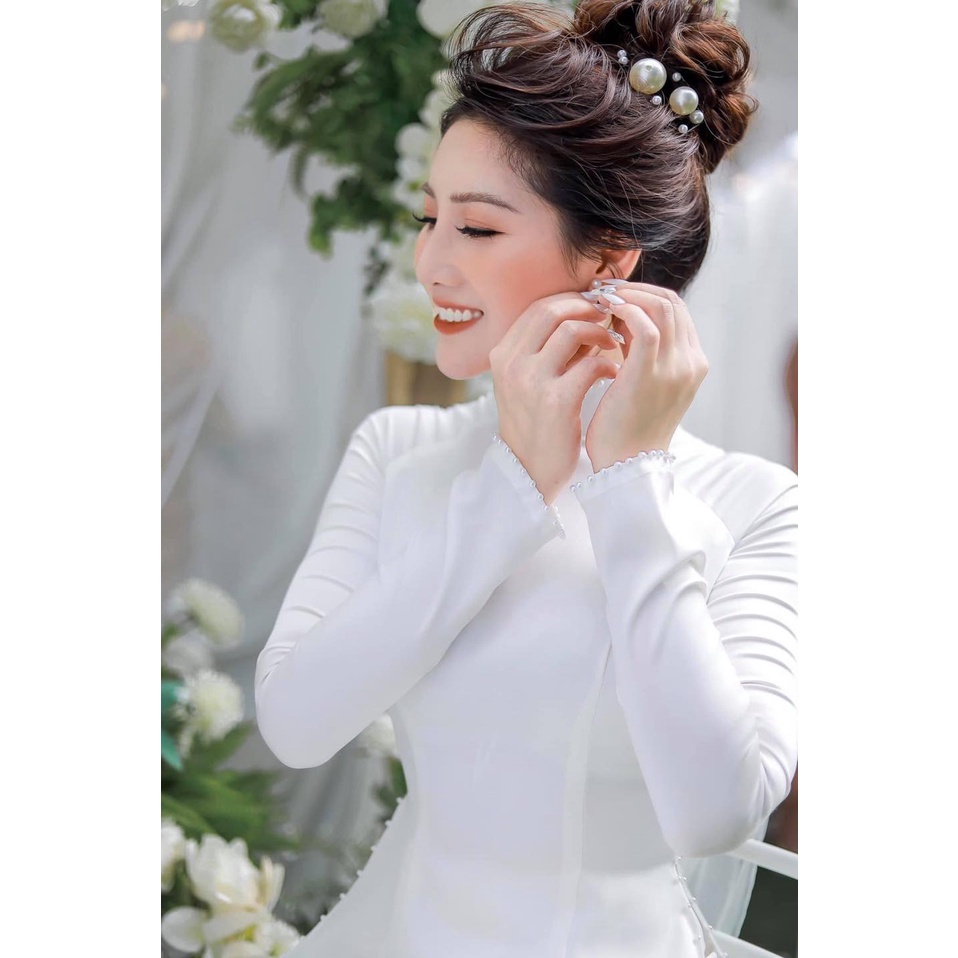 ◐┇✕Áo dài cô dâu lụa ngọc trai 2 tà đính kết