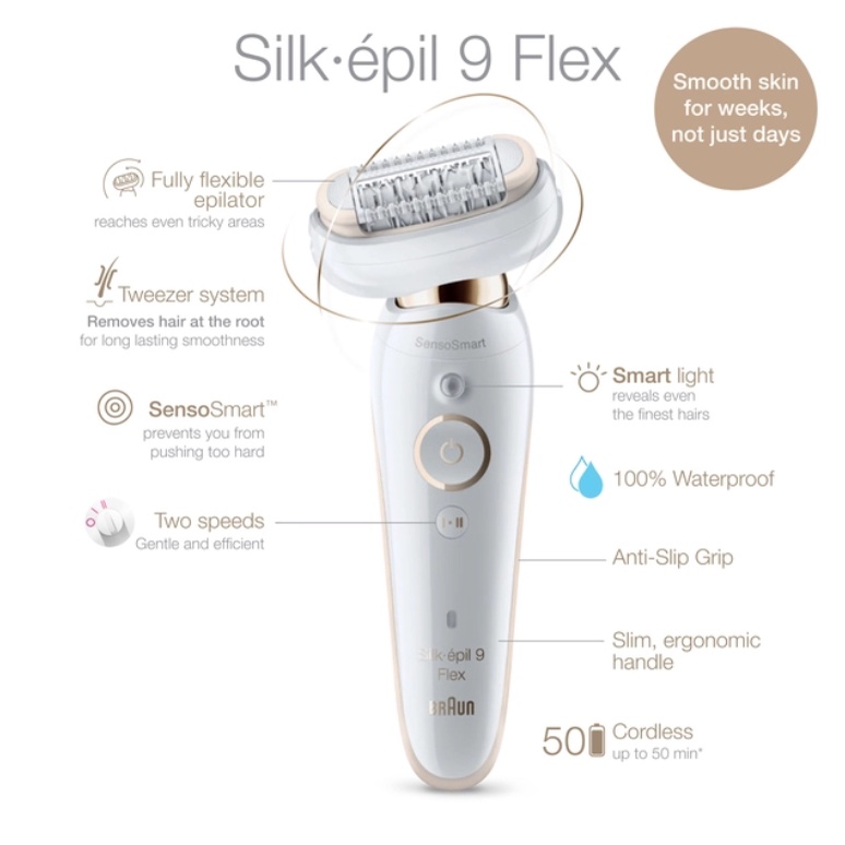 Máy cạo lông, nhổ lông, tẩy lông cho nữ Braun Silk-épil 9 Flex SES 9300 3D, làm sạch vùng kín