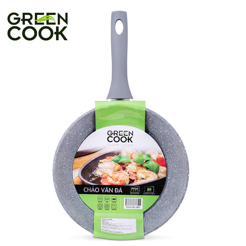 Chảo chống dính Green Cook 22 cm đáy từ vân đá cạn lòng