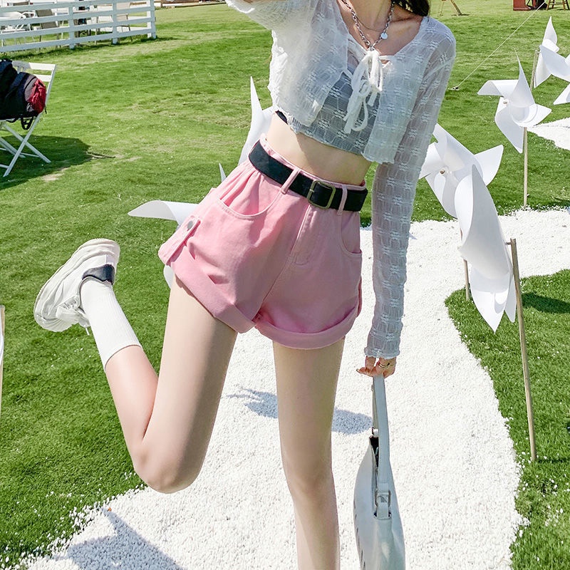 Jiashucheng Quần Short Denim Lưng Cao Ống Rộng Co Giãn Thời Trang Dành Cho Nữ