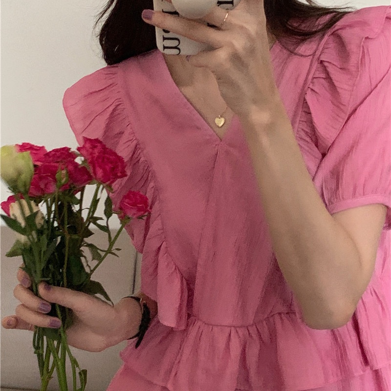 SUXI Áo Sơ Mi Tay Ngắn Cổ Chữ V Màu Sắc Ngọt Ngào Phong Cách Hàn Quốc Thời Trang Mùa Hè Cho Nữ